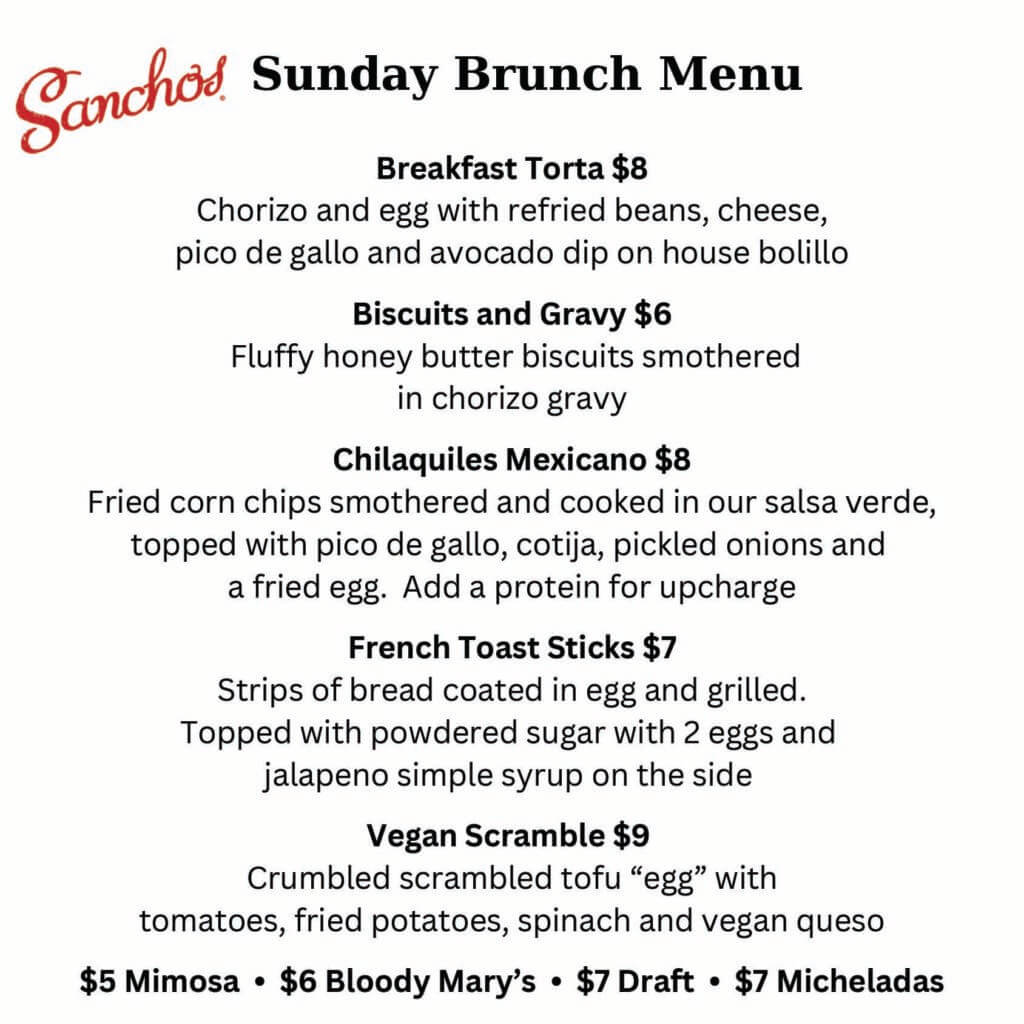 Sanchos Sunday Brunch Menu